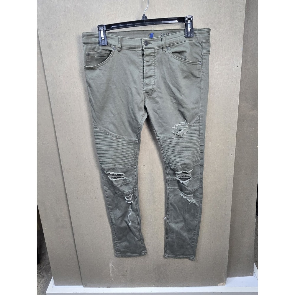 H&M Skinny Moto Jeans Olive Green Distressed Biker Stretch Women's US 36